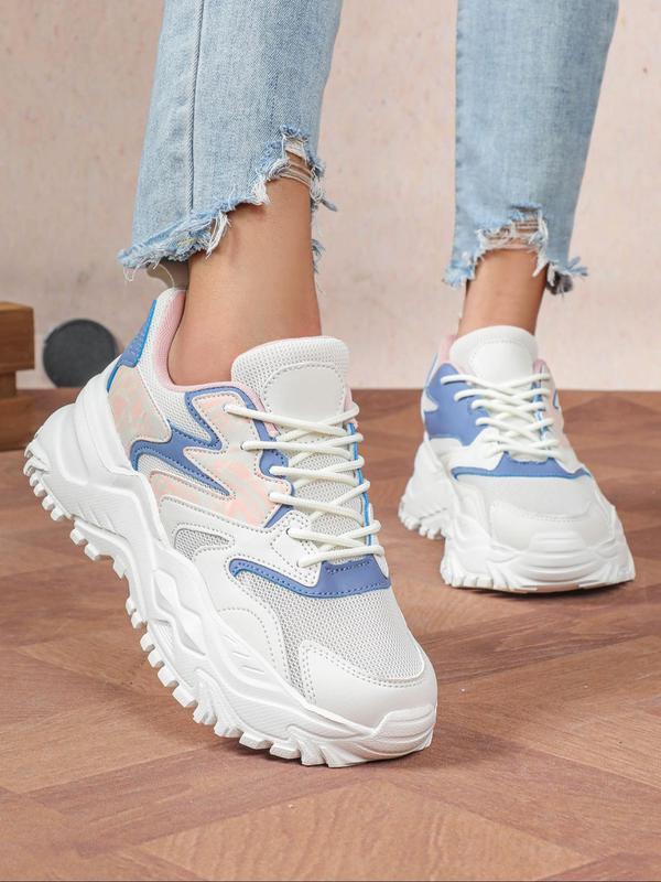 Women's Fashionable Colorblock Lace Up Low Top Sneakers, Casual Comfortable Breathable Sports Running Shoes, All-match Round Toe Chunky Sneakers for Daily Wear