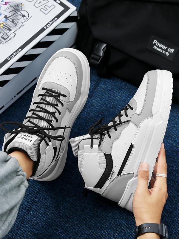 Men's Colorblock Letter Patch Decor High Top Sneakers, Casual Comfortable Outdoor Sports Shoes, Fashion Lace Up Front Skate Shoes