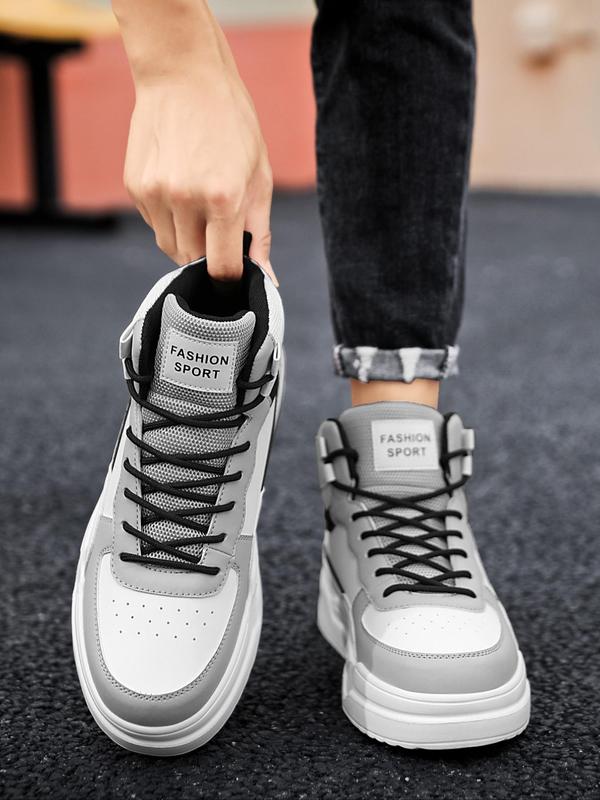 Men's Colorblock Letter Patch Decor High Top Sneakers, Casual Comfortable Outdoor Sports Shoes, Fashion Lace Up Front Skate Shoes