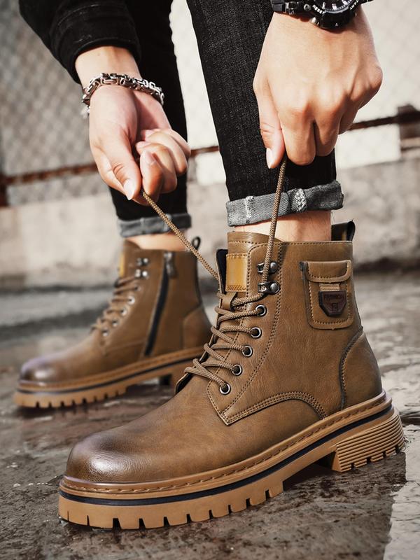 Men's Fashionable Plain Color Lace Up Boots, Casual Comfortable Ankle Boots for Daily Wear, Fashionable Boots for Men