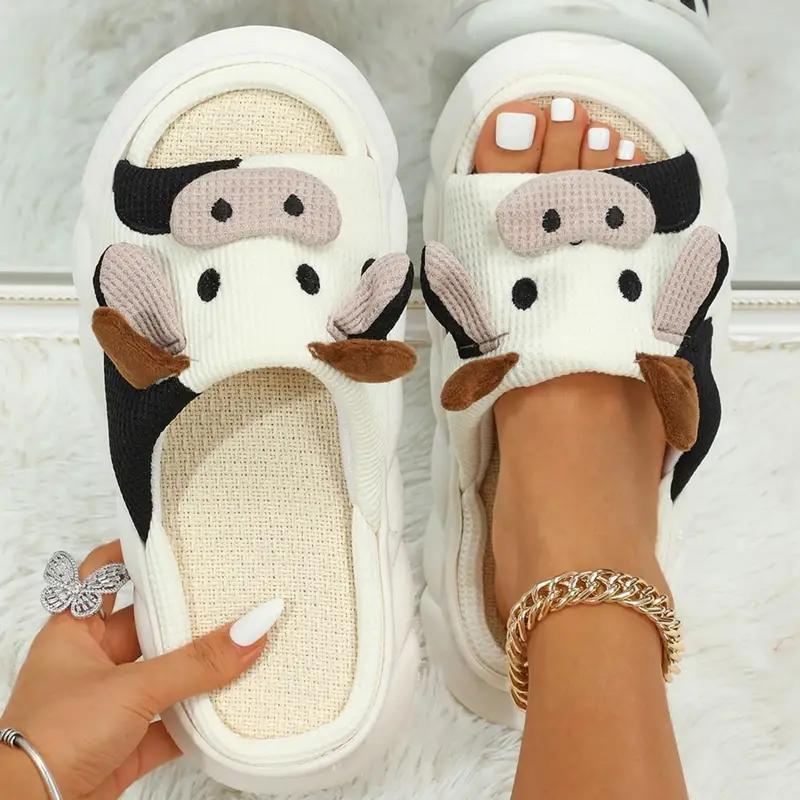 Women's Cartoon Cow Slippers Cute Animal Shape Slippers Thick Sole Soft Indoor Outdoor Slippers