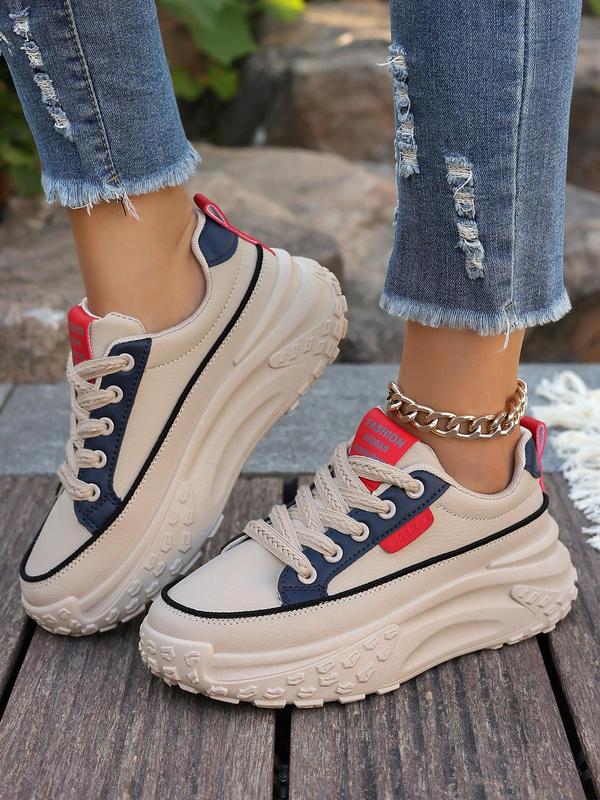 Fashionable Patchwork Design Lace Up Low Top Sneakers, Casual Comfortable Platform Sports Shoes for Daily Wear, Female All-match Shoes for Women & Girls