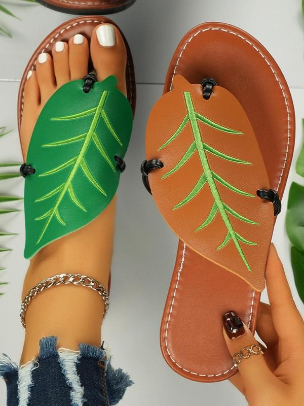 Women's Cute Leaf Design Flip Flops, Casual Trendy Flat Slippers, Fashionable Slippers for Indoor & Outdoor Footwear