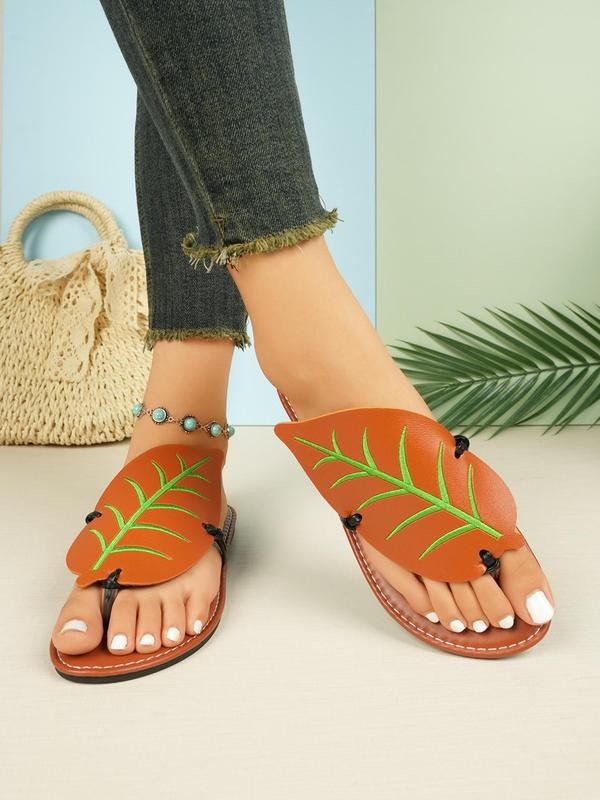 Women's Cute Leaf Design Flip Flops, Casual Trendy Flat Slippers, Fashionable Slippers for Indoor & Outdoor Footwear