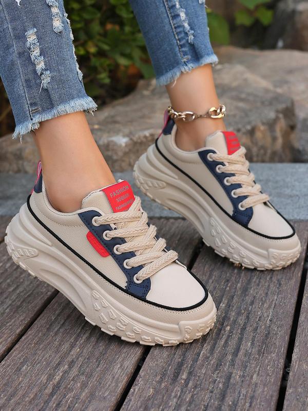 Fashionable Patchwork Design Lace Up Low Top Sneakers, Casual Comfortable Platform Sports Shoes for Daily Wear, Female All-match Shoes for Women & Girls