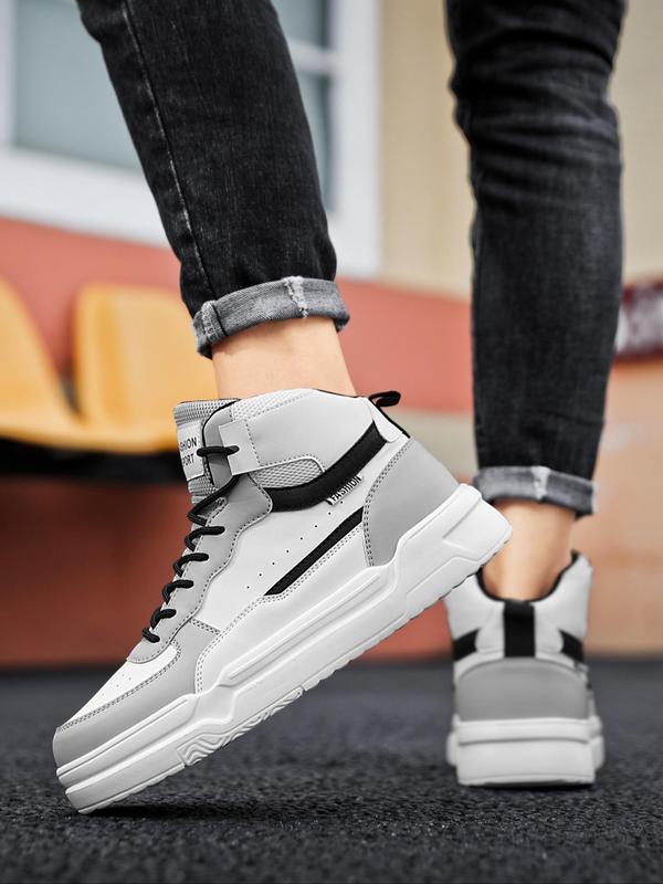 Men's Colorblock Letter Patch Decor High Top Sneakers, Casual Comfortable Outdoor Sports Shoes, Fashion Lace Up Front Skate Shoes