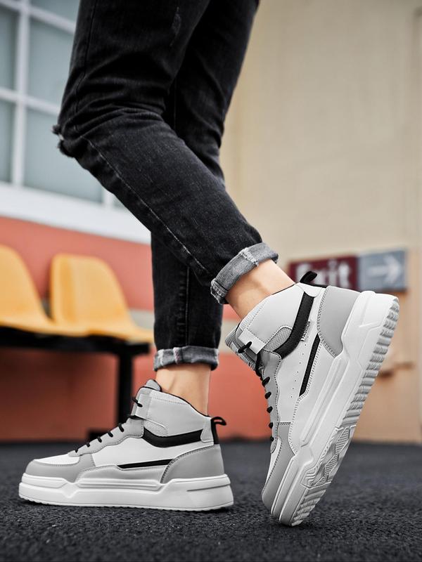 Men's Colorblock Letter Patch Decor High Top Sneakers, Casual Comfortable Outdoor Sports Shoes, Fashion Lace Up Front Skate Shoes