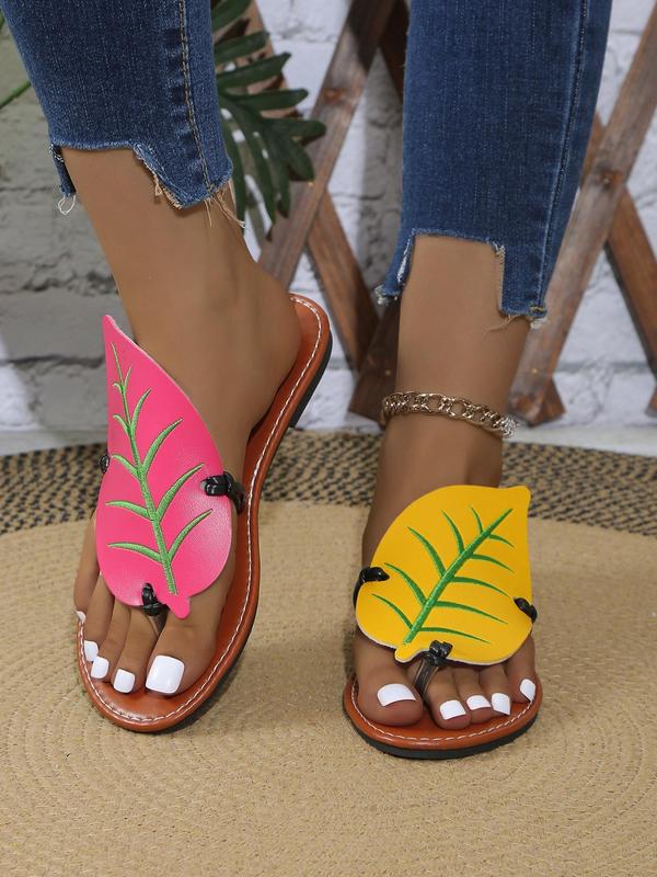 Women's Cute Leaf Design Flip Flops, Casual Trendy Flat Slippers, Fashionable Slippers for Indoor & Outdoor Footwear