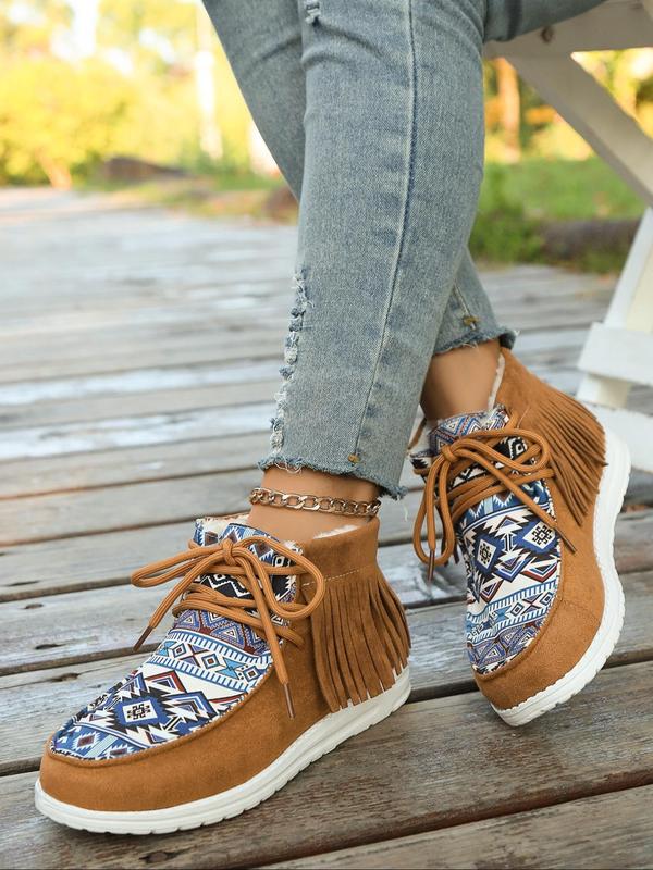 Women's Geometric Pattern Lace Up High Top Thermal Lined Sneakers, Casual Comfortable Warm Sports Shoes for Fall & Winter, Female All-match Athletic Round Toe Trainer for Daily Footwear for Girl