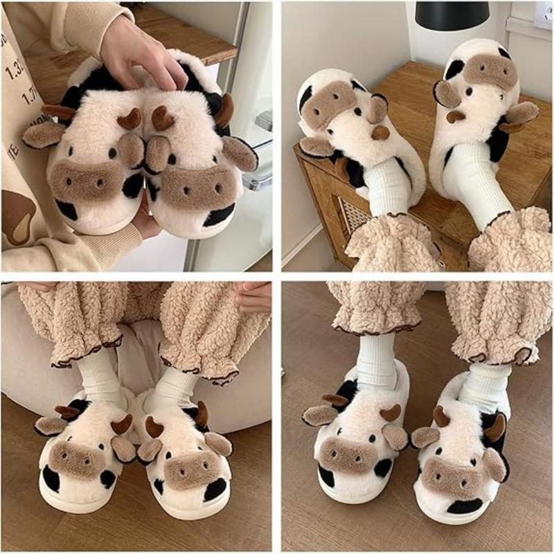 Cartoon Cow Cotton Slippers, Cute Cozy Fuzzy Animal Slippers, Winter Indoor Outdoor Slippers for Women Girl Walking Shoes Footwear Slide