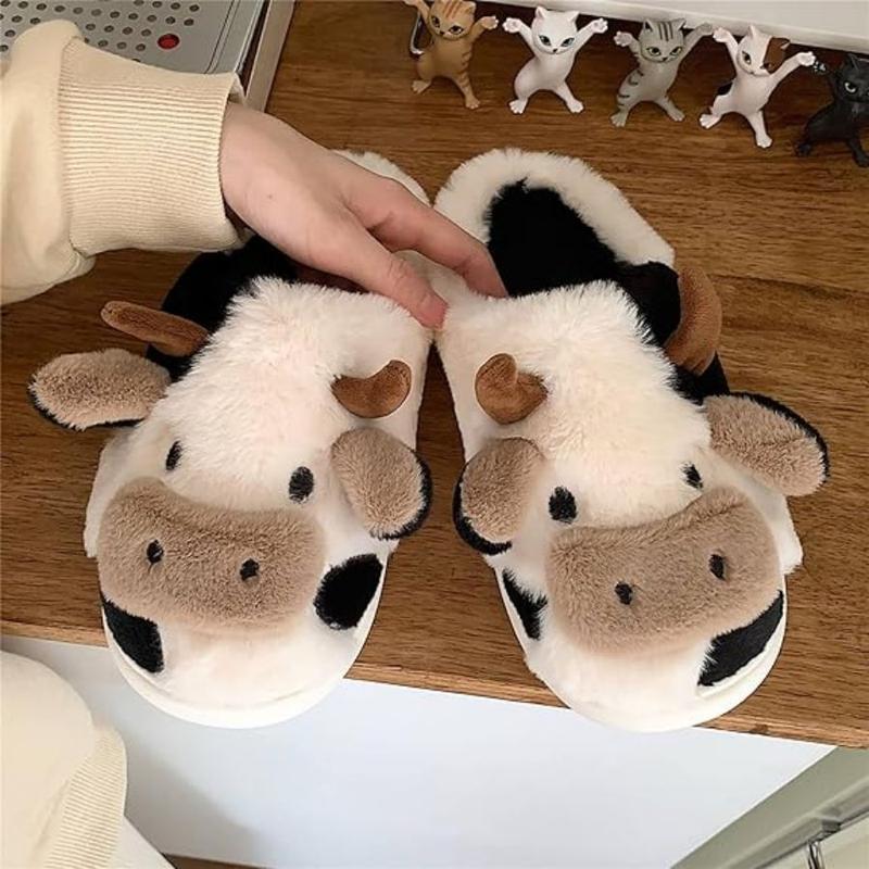 Cartoon Cow Cotton Slippers, Cute Cozy Fuzzy Animal Slippers, Winter Indoor Outdoor Slippers for Women Girl Walking Shoes Footwear Slide