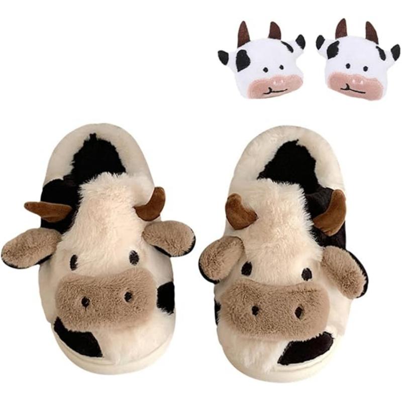 Cartoon Cow Cotton Slippers, Cute Cozy Fuzzy Animal Slippers, Winter Indoor Outdoor Slippers for Women Girl Walking Shoes Footwear Slide