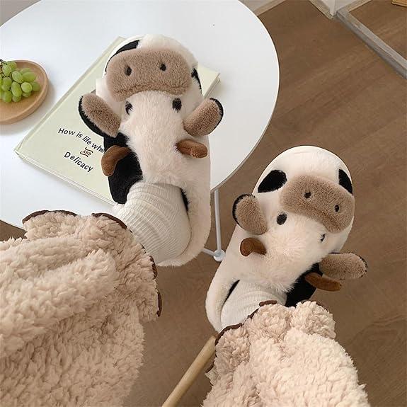 Cartoon Cow Cotton Slippers, Cute Cozy Fuzzy Animal Slippers, Winter Indoor Outdoor Slippers for Women Girl Walking Shoes Footwear Slide