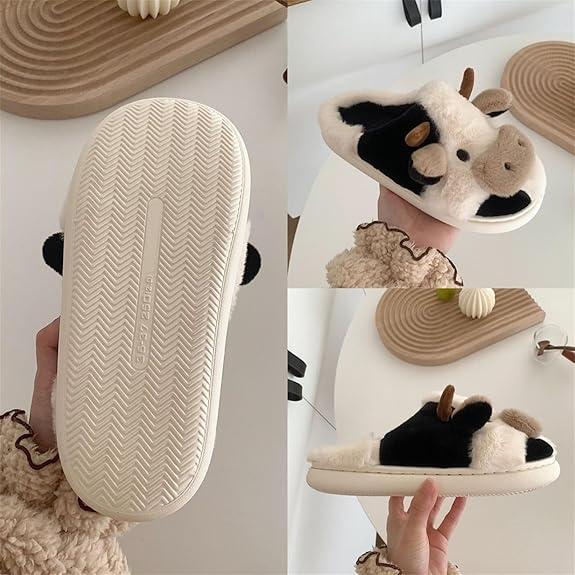 Cartoon Cow Cotton Slippers, Cute Cozy Fuzzy Animal Slippers, Winter Indoor Outdoor Slippers for Women Girl Walking Shoes Footwear Slide