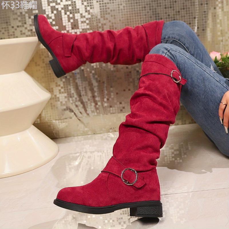 Women's Solid Color Trendy Boots, Buckle Belt Pull On Chunky Heel High Knee Boots, Winter Round Toe Slouchy Boots