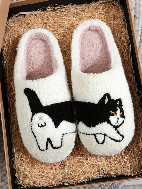 Girls Sassy Slippers,  Women's Cute Cartoon Cat Pattern Plush Slippers, Casual Soft Comfortable Non-slip Home Slippers, Warm Slippers for Indoor & Outdoor Use for Fall & Winter, Fall Outfits, Fall Freshness Fluffy Slippers