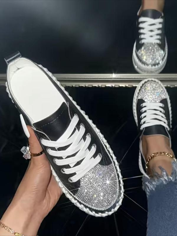 Women's Fashionable Rhinestone Decor Lace Up Low Top Sneakers, Casual Comfortable Sports Shoes for Daily Wear, Female All-match Round Toe Shoes for Daily Wear