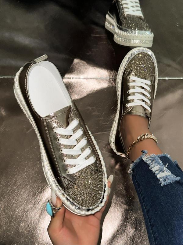 Women's Fashionable Rhinestone Decor Lace Up Low Top Sneakers, Casual Comfortable Sports Shoes for Daily Wear, Female All-match Round Toe Shoes for Daily Wear