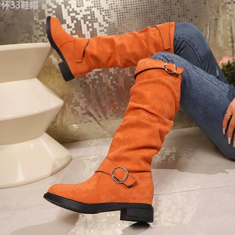 Women's Solid Color Trendy Boots, Buckle Belt Pull On Chunky Heel High Knee Boots, Winter Round Toe Slouchy Boots