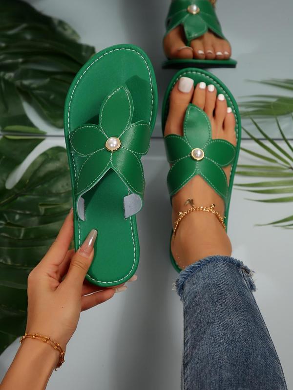 Women's Fashionable Faux Pearl Decorated Flower Design Slip on Sandals, Casual Comfortable Flat Sandals for Summer, Lightweight Breathable Shoes for Daily Wear