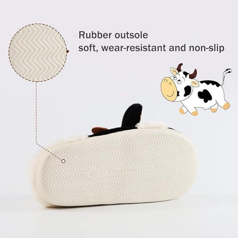 Cartoon Cow Cotton Slippers, Cute Cozy Fuzzy Animal Slippers, Winter Indoor Outdoor Slippers for Women Girl Walking Shoes Footwear Slide