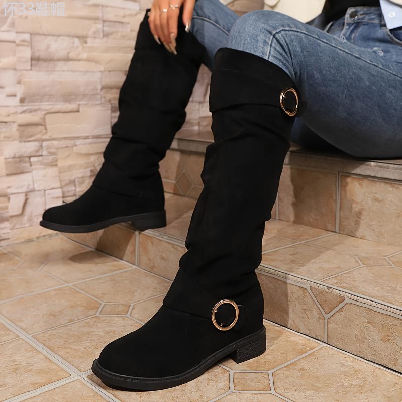 Women's Solid Color Trendy Boots, Buckle Belt Pull On Chunky Heel High Knee Boots, Winter Round Toe Slouchy Boots