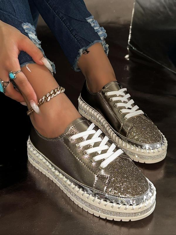 Women's Fashionable Rhinestone Decor Lace Up Low Top Sneakers, Casual Comfortable Sports Shoes for Daily Wear, Female All-match Round Toe Shoes for Daily Wear