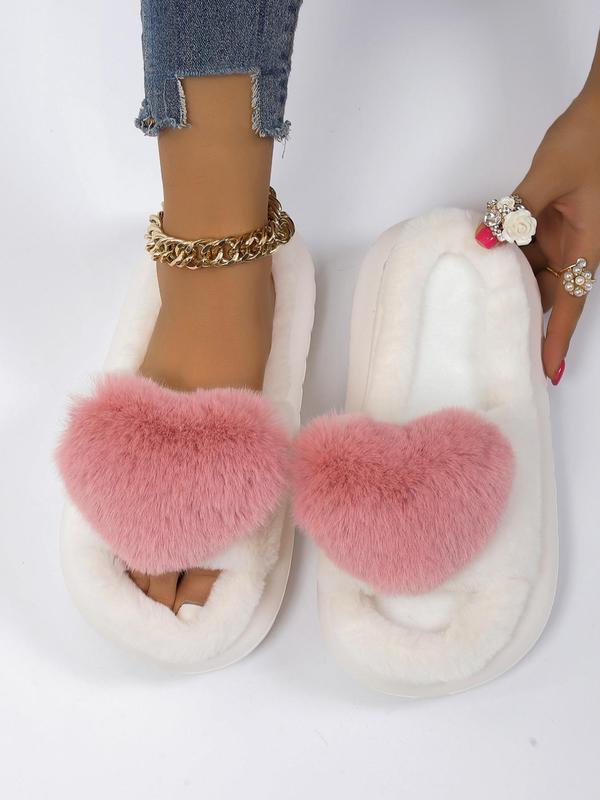 Cute Bowknot & Heart Design Plush Slippers As Gift, Trendy Soft Warm Slide Slippers for Home, Novelty Bedroom & Kitchen Slippers, Girl Comfort Walking Shoes