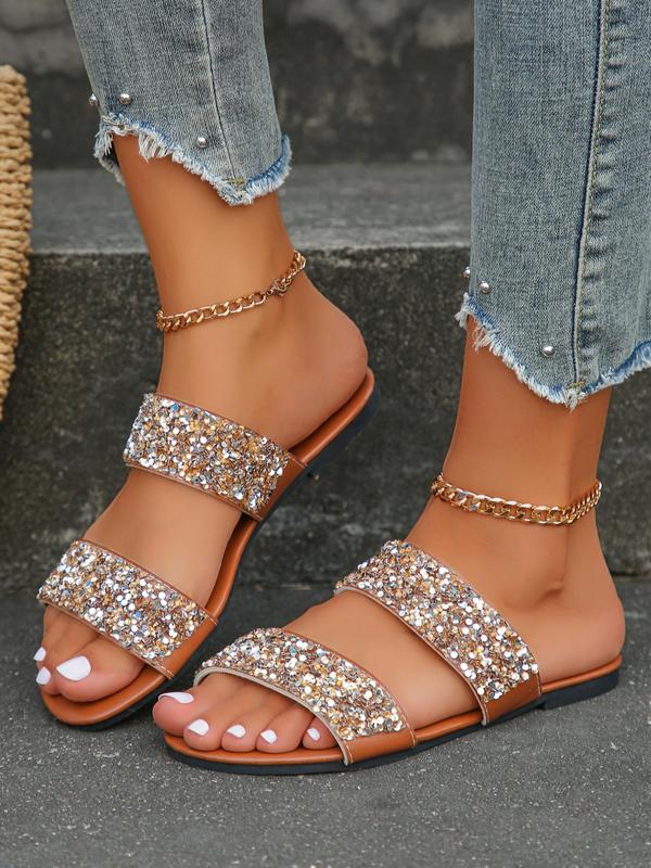 2024 Summer Women's Fashion Glittering Slip on Sandals Slippers, Casual Flat Sandals for Summer, Lightweight Breathable Comfort Shoes for Daily & Back To SchoolFootwear for Girl