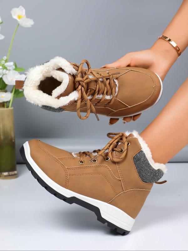 Women's Solid Color Lace Up Ankle Snow Boots, Casual Comfortable Warm Snow Boots for Fall & Winter, Non-slip Outdoor Shoes for Women & Girls