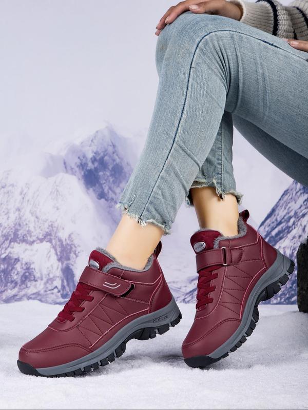 Women's Solid Color Velcro Ankle Boots, Casual Warm Snow Boots for Fall & Winter, Non-slip Outdoor Hiking Shoes for Women & Girls