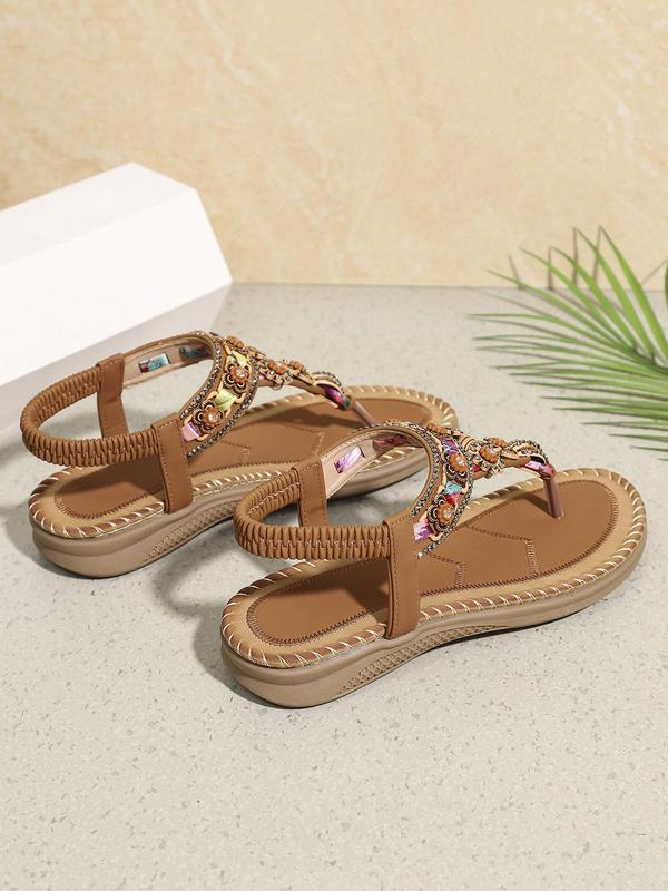 Women's Boho Style Rhinestone Decorated Flat Sandals, 2024 New Style Vintage Trendy Slip on Sandals, Fashionable Anti-slip Sandals for Beach Vacation