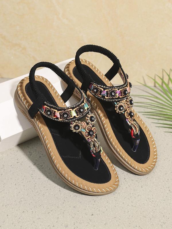 Women's Boho Style Rhinestone Decorated Flat Sandals, 2024 New Style Vintage Trendy Slip on Sandals, Fashionable Anti-slip Sandals for Beach Vacation