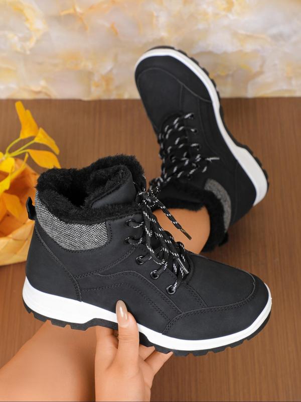 Women's Solid Color Lace Up Ankle Snow Boots, Casual Comfortable Warm Snow Boots for Fall & Winter, Non-slip Outdoor Shoes for Women & Girls