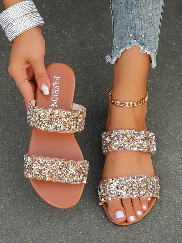 2024 Summer Women's Fashion Glittering Slip on Sandals Slippers, Casual Flat Sandals for Summer, Lightweight Breathable Comfort Shoes for Daily & Back To SchoolFootwear for Girl