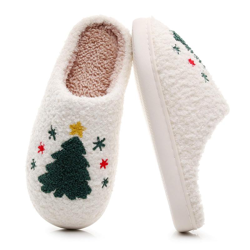 Vintage Cartoon Christmas Tree Plush Slippers for Men and Women- Slippers with Warmth, Cartoon Embroidery, Round Toe, Non-Slip TPR Sole, and Breathable Fabric for Indoor Home Use - Soft, Cozy, and Water-Resistant Daily Casual Slip-On Shoes for Winter