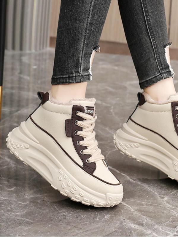 Women's Fashionable Patchwork Thermal Lined Lace Up Platform Sneakers, Casual Comfortable High Top Sports Shoes for Daily Wear, Female All-match Round Toe Chunky Sneakers for Fall & Winter