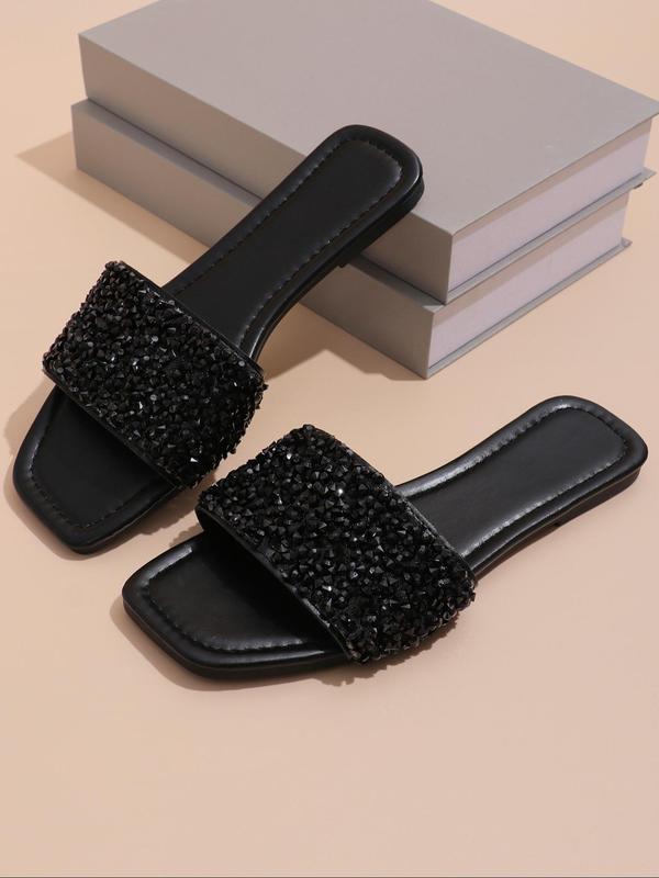 Women's Glitter Rhinestone Decorated Flat Sandals, Casual Summer Beach Sandals, Square Toe Slide Sandals, New Trendy Shoes for Women & Girls