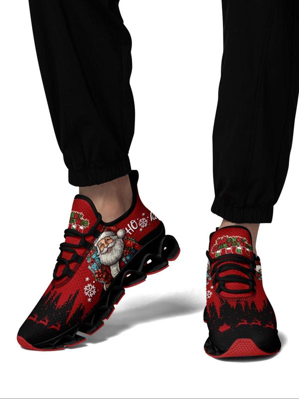 Men's Christmas Santa Claus Print Lace Up Running Shoes, Casual Comfortable Breathable Sneakers, Fashionable Sports Shoes for Gym Training