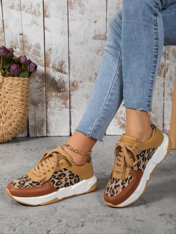 Women's Leopard Pattern Patched Design Training Sneakers, Fashion Lace up Round Toe Low Top Sneakers, Casual Comfortable Sports Running Shoes for Daily Wear, Girl's Walking Platform Shoes