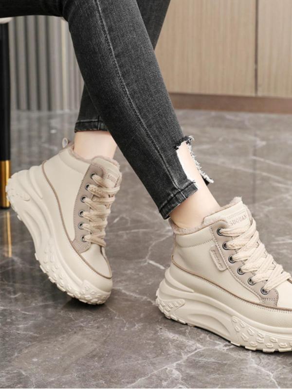 Women's Fashionable Patchwork Thermal Lined Lace Up Platform Sneakers, Casual Comfortable High Top Sports Shoes for Daily Wear, Female All-match Round Toe Chunky Sneakers for Fall & Winter