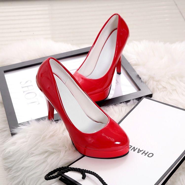 10cm High Heels Waterproof Platform Sex Stiletto Low-Cut Shoes Women round Toe Women's Shoes Patent Leather Work