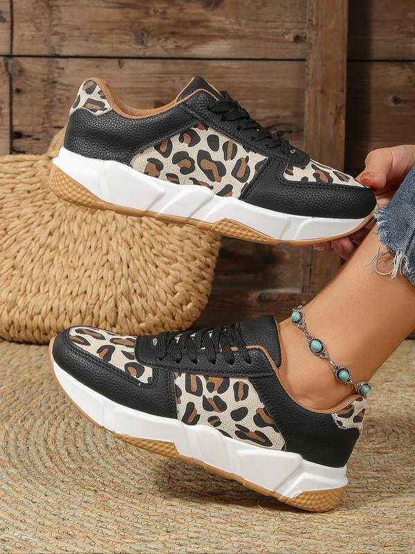 Women's Leopard Pattern Patched Design Training Sneakers, Fashion Lace up Round Toe Low Top Sneakers, Casual Comfortable Sports Running Shoes for Daily Wear, Girl's Walking Platform Shoes