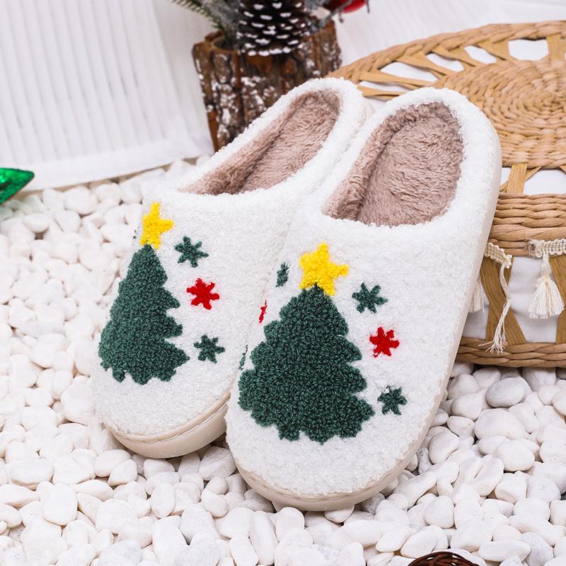 Vintage Cartoon Christmas Tree Plush Slippers for Men and Women- Slippers with Warmth, Cartoon Embroidery, Round Toe, Non-Slip TPR Sole, and Breathable Fabric for Indoor Home Use - Soft, Cozy, and Water-Resistant Daily Casual Slip-On Shoes for Winter