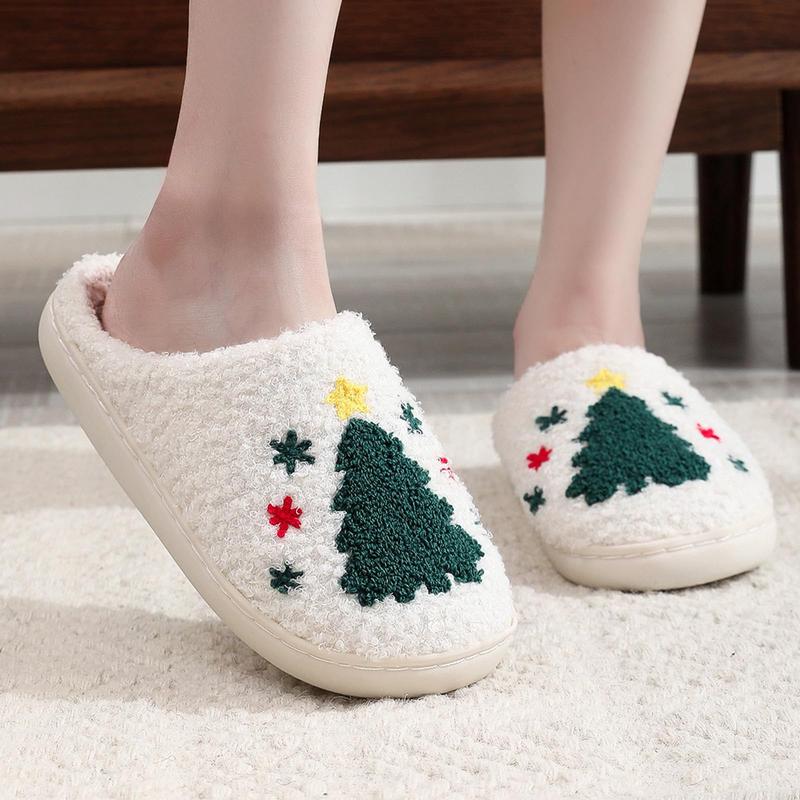 Vintage Cartoon Christmas Tree Plush Slippers for Men and Women- Slippers with Warmth, Cartoon Embroidery, Round Toe, Non-Slip TPR Sole, and Breathable Fabric for Indoor Home Use - Soft, Cozy, and Water-Resistant Daily Casual Slip-On Shoes for Winter