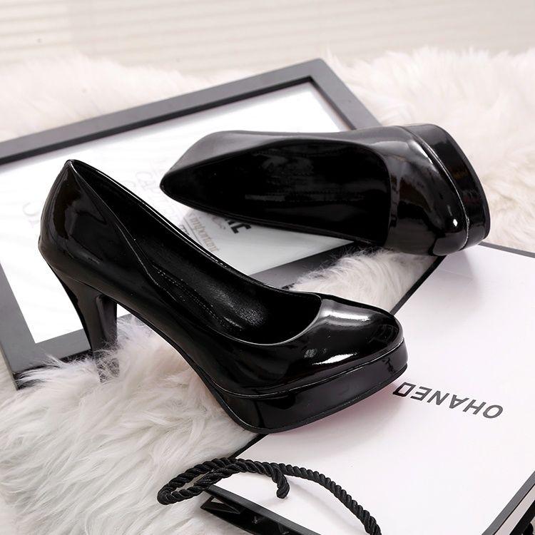 10cm High Heels Waterproof Platform Sex Stiletto Low-Cut Shoes Women round Toe Women's Shoes Patent Leather Work