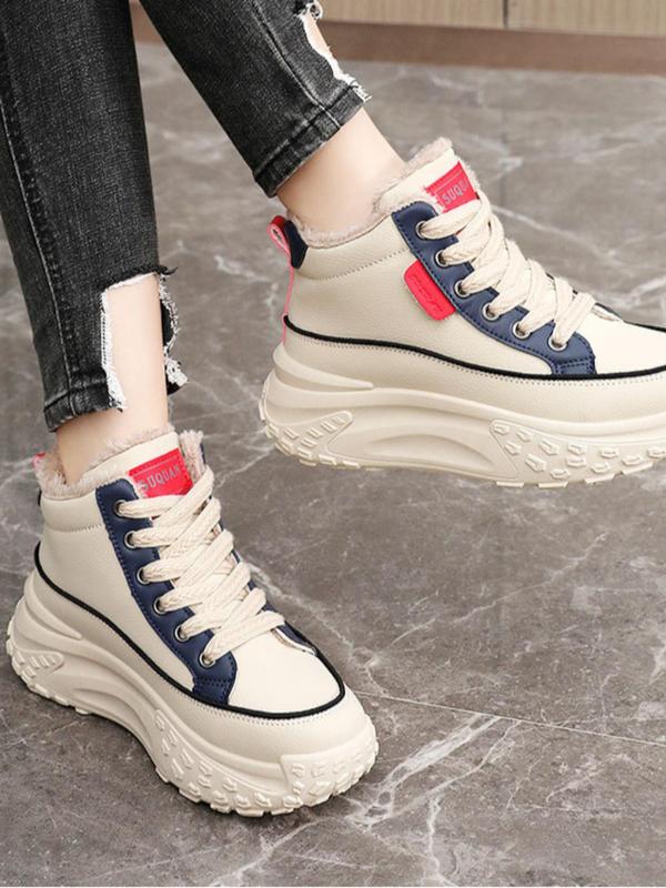 Women's Fashionable Patchwork Thermal Lined Lace Up Platform Sneakers, Casual Comfortable High Top Sports Shoes for Daily Wear, Female All-match Round Toe Chunky Sneakers for Fall & Winter