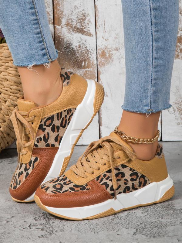 Women's Leopard Pattern Patched Design Training Sneakers, Fashion Lace up Round Toe Low Top Sneakers, Casual Comfortable Sports Running Shoes for Daily Wear, Girl's Walking Platform Shoes