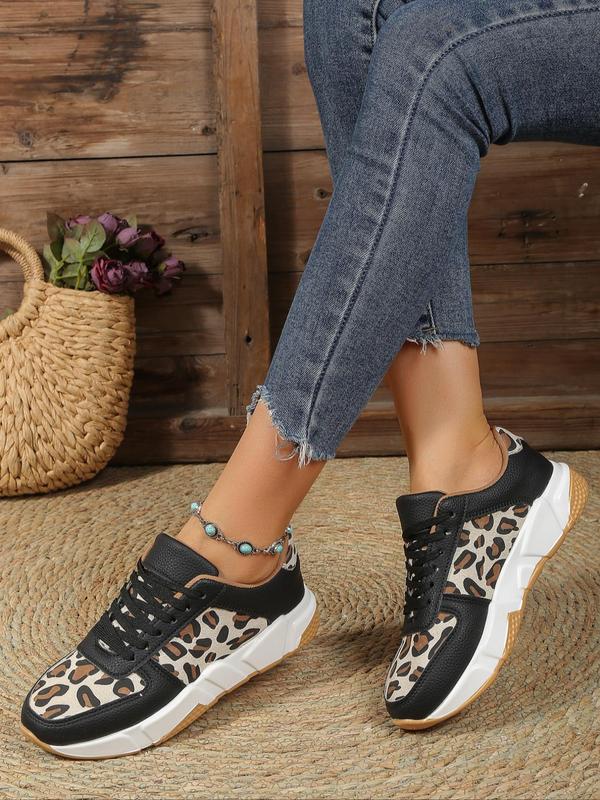 Women's Leopard Pattern Patched Design Training Sneakers, Fashion Lace up Round Toe Low Top Sneakers, Casual Comfortable Sports Running Shoes for Daily Wear, Girl's Walking Platform Shoes