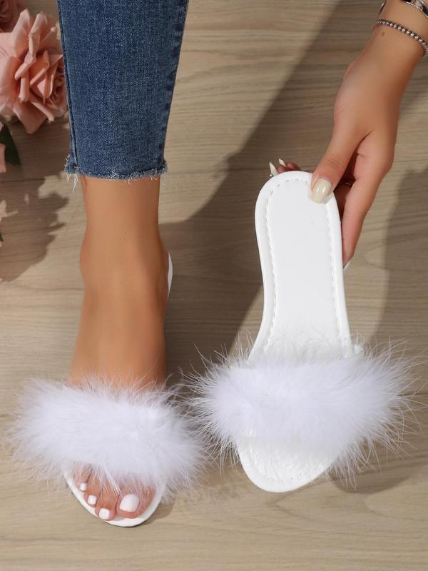 Women's Simple Plain Fluffy Slip on Sandals, 1 Pair 2024 New Casual Soft Comfortable Flat Heel Sandals for Beach Vacation, Fashionable Shoes for Indoor and Outdoor Wear